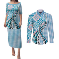 Aloha Vintage Palaka Floral Hawaiian Quilt Couples Matching Puletasi and Long Sleeve Button Shirt Uliuli Motif LT9 Blue - Polynesian Pride