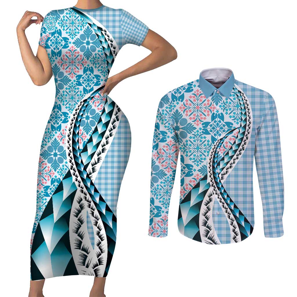 Aloha Vintage Palaka Floral Hawaiian Quilt Couples Matching Short Sleeve Bodycon Dress and Long Sleeve Button Shirt Uliuli Motif LT9 Blue - Polynesian Pride