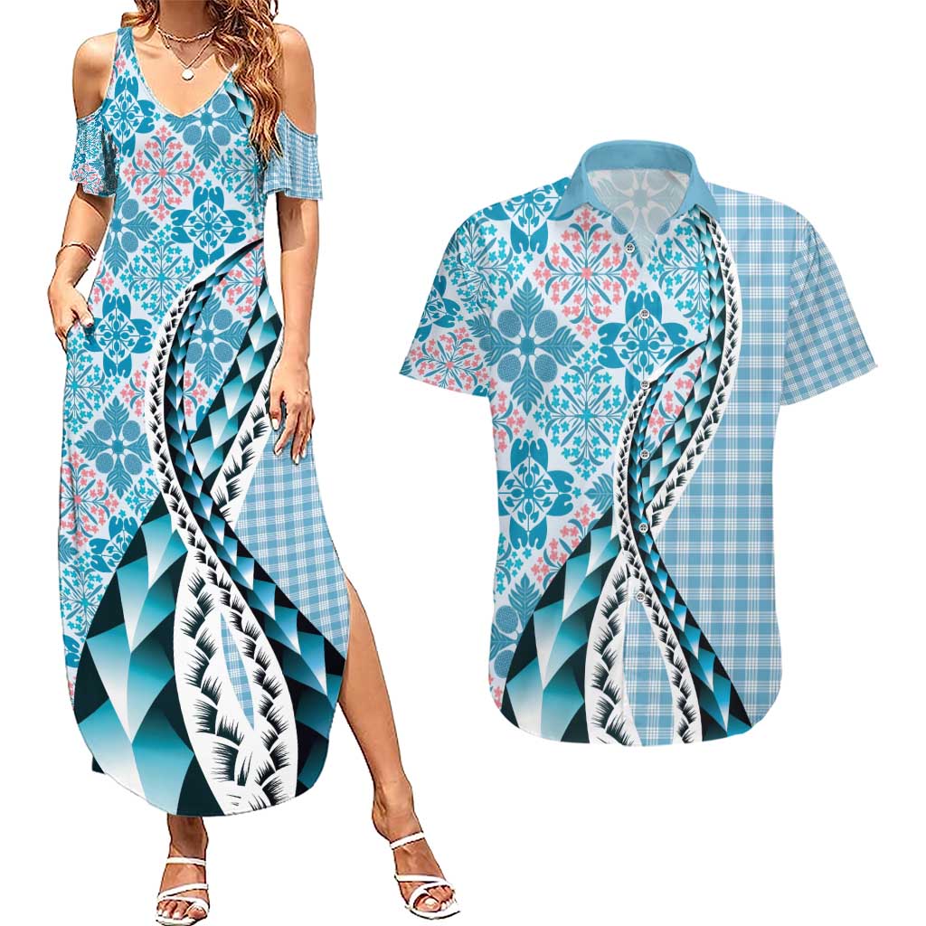 Aloha Vintage Palaka Floral Hawaiian Quilt Couples Matching Summer Maxi Dress and Hawaiian Shirt Uliuli Motif LT9 Blue - Polynesian Pride