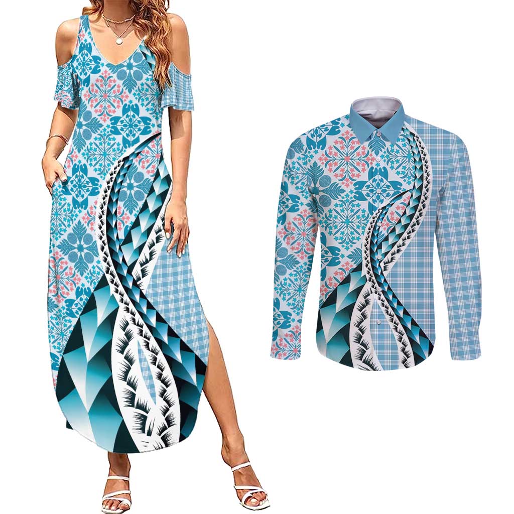 Aloha Vintage Palaka Floral Hawaiian Quilt Couples Matching Summer Maxi Dress and Long Sleeve Button Shirt Uliuli Motif LT9 Blue - Polynesian Pride