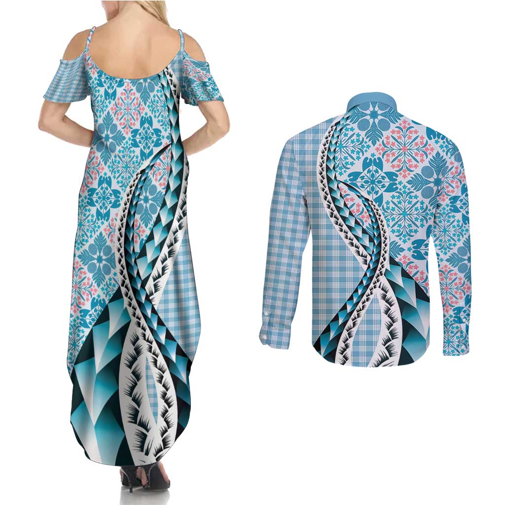 Aloha Vintage Palaka Floral Hawaiian Quilt Couples Matching Summer Maxi Dress and Long Sleeve Button Shirt Uliuli Motif LT9 - Polynesian Pride
