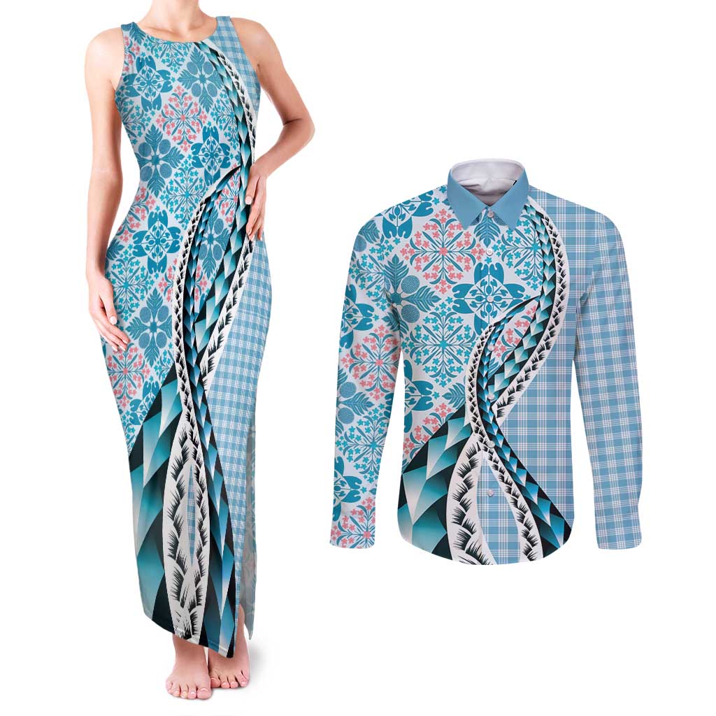 Aloha Vintage Palaka Floral Hawaiian Quilt Couples Matching Tank Maxi Dress and Long Sleeve Button Shirt Uliuli Motif LT9 Blue - Polynesian Pride