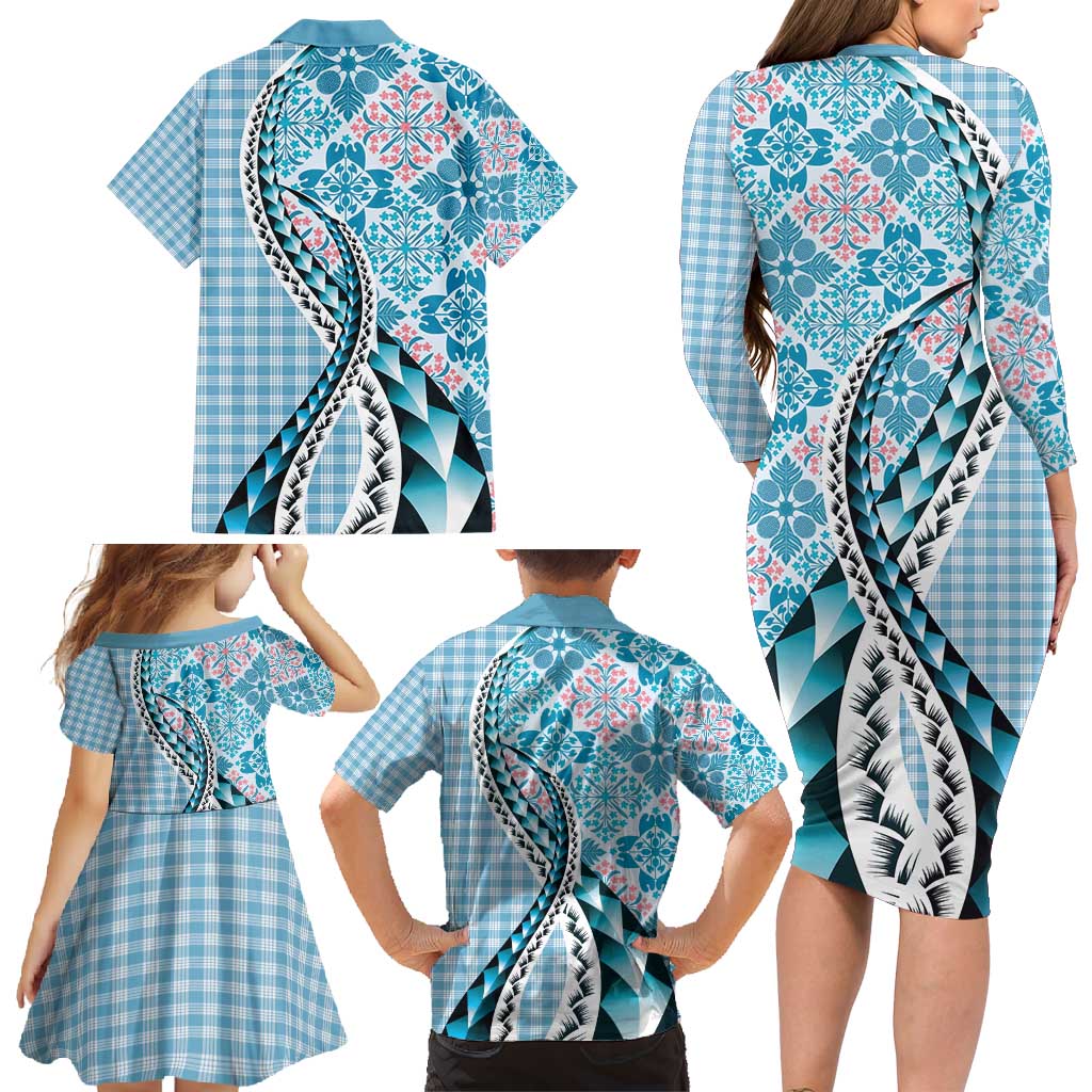 Aloha Vintage Palaka Floral Hawaiian Quilt Family Matching Long Sleeve Bodycon Dress and Hawaiian Shirt Uliuli Motif LT9 - Polynesian Pride