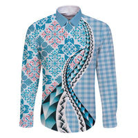 Aloha Vintage Palaka Floral Hawaiian Quilt Family Matching Off The Shoulder Long Sleeve Dress and Hawaiian Shirt Uliuli Motif LT9 Dad's Shirt - Long Sleeve Blue - Polynesian Pride