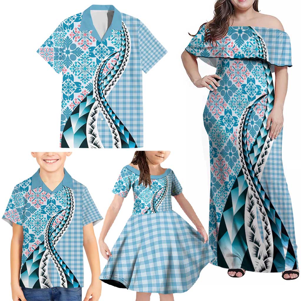 Aloha Vintage Palaka Floral Hawaiian Quilt Family Matching Off Shoulder Maxi Dress and Hawaiian Shirt Uliuli Motif LT9 - Polynesian Pride