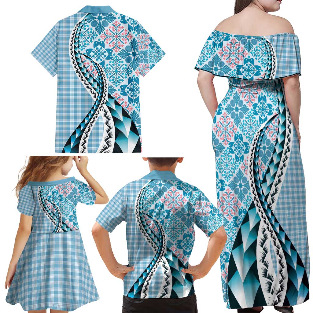 Aloha Vintage Palaka Floral Hawaiian Quilt Family Matching Off Shoulder Maxi Dress and Hawaiian Shirt Uliuli Motif LT9 - Polynesian Pride