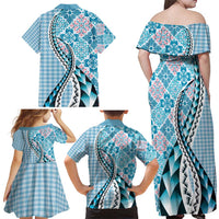 Aloha Vintage Palaka Floral Hawaiian Quilt Family Matching Off Shoulder Maxi Dress and Hawaiian Shirt Uliuli Motif LT9 - Polynesian Pride