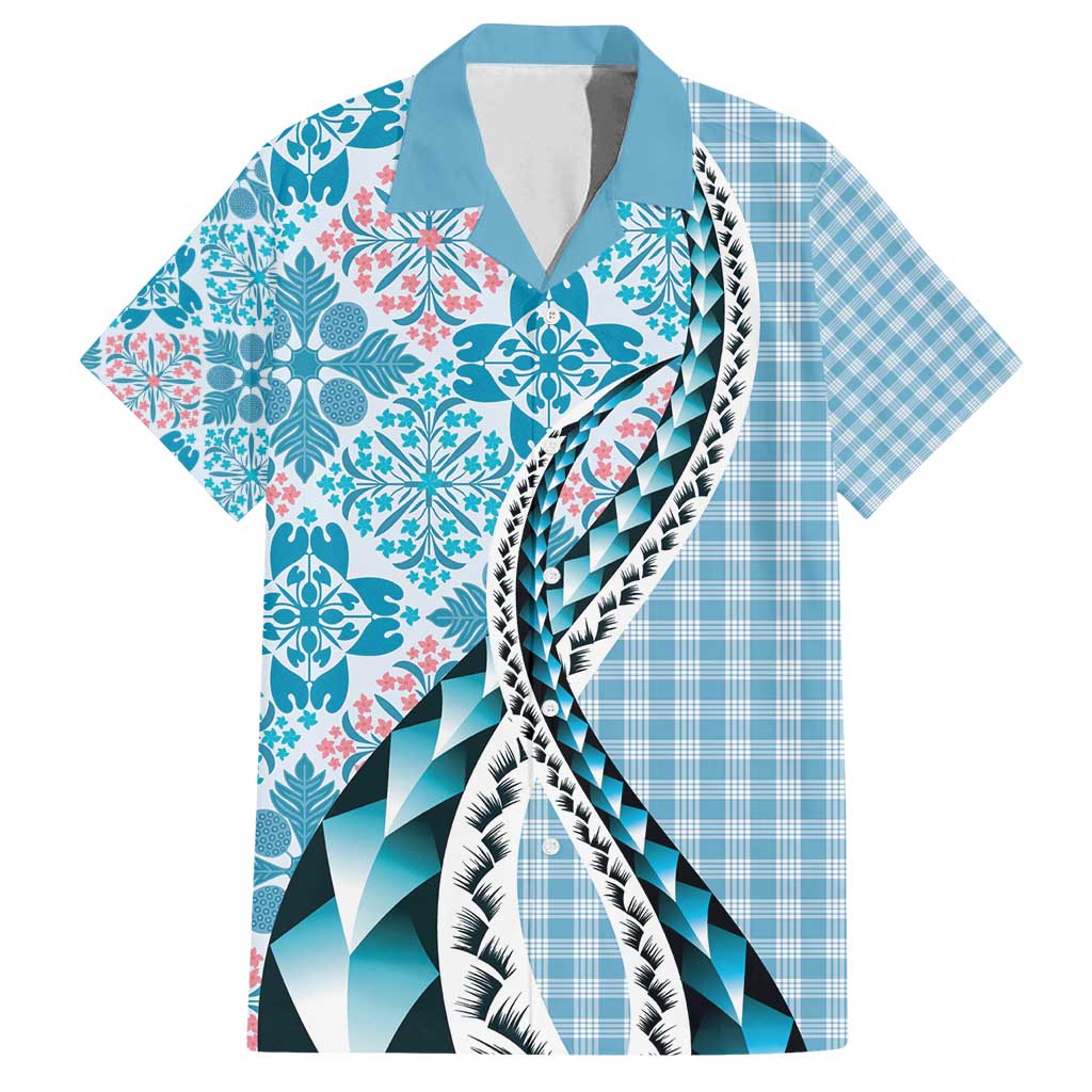 Aloha Vintage Palaka Floral Hawaiian Quilt Family Matching Off Shoulder Maxi Dress and Hawaiian Shirt Uliuli Motif LT9 Dad's Shirt - Short Sleeve Blue - Polynesian Pride