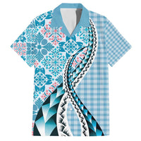 Aloha Vintage Palaka Floral Hawaiian Quilt Family Matching Puletasi and Hawaiian Shirt Uliuli Motif LT9 Dad's Shirt - Short Sleeve Blue - Polynesian Pride