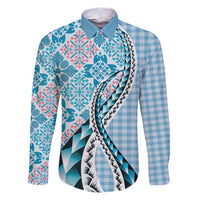 Aloha Vintage Palaka Floral Hawaiian Quilt Family Matching Puletasi and Hawaiian Shirt Uliuli Motif LT9 Dad's Shirt - Long Sleeve Blue - Polynesian Pride