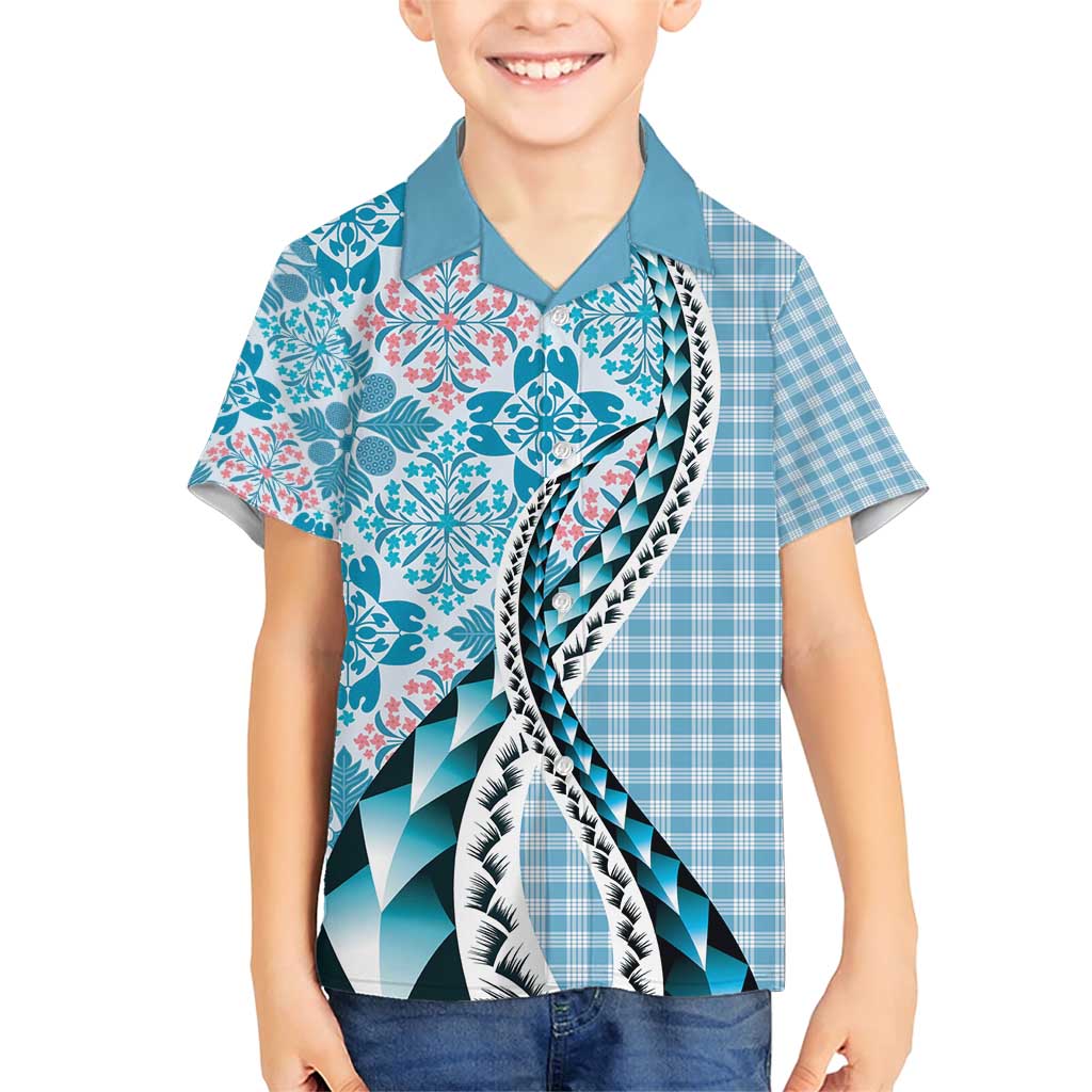 Aloha Vintage Palaka Floral Hawaiian Quilt Family Matching Short Sleeve Bodycon Dress and Hawaiian Shirt Uliuli Motif LT9 Son's Shirt Blue - Polynesian Pride