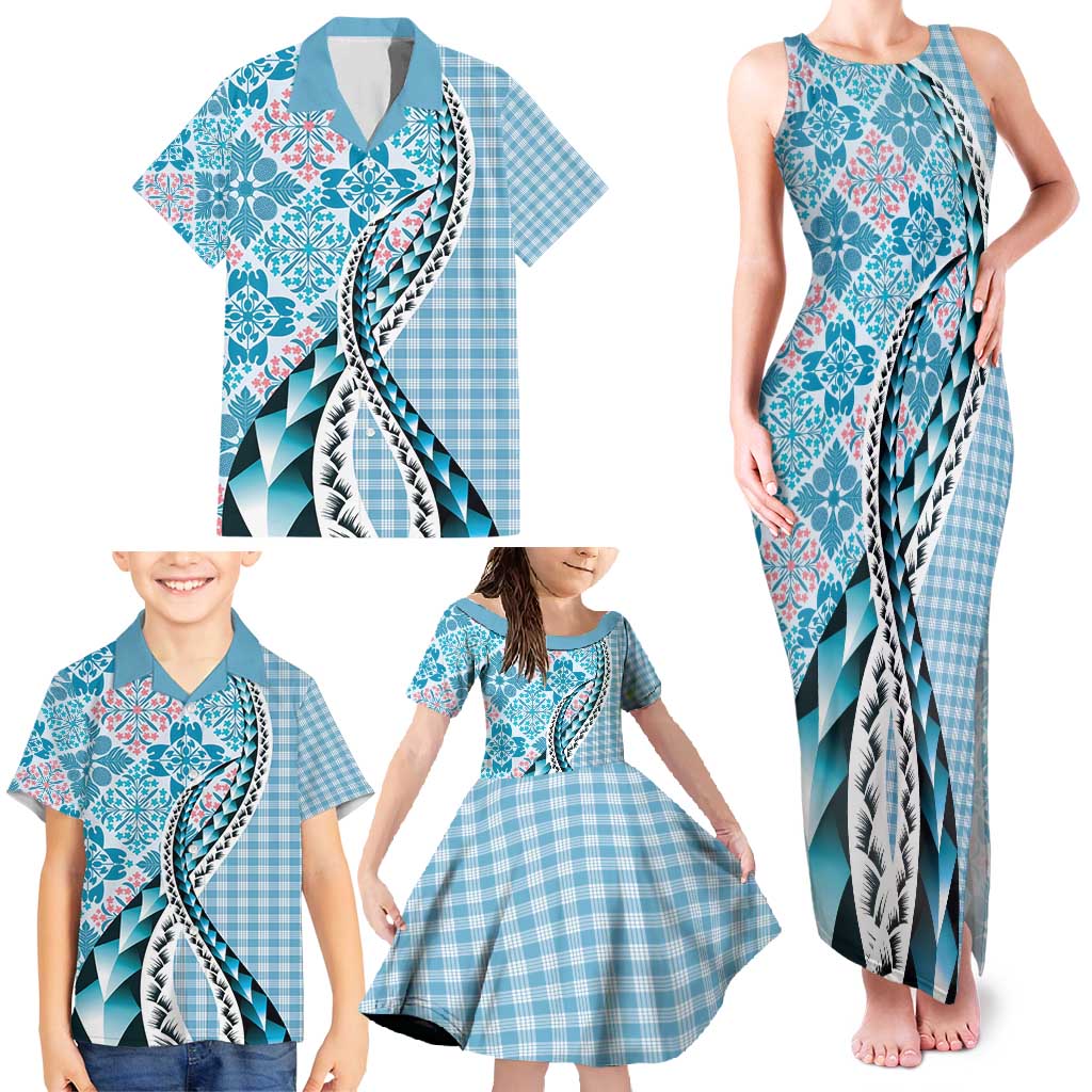Aloha Vintage Palaka Floral Hawaiian Quilt Family Matching Tank Maxi Dress and Hawaiian Shirt Uliuli Motif - Polynesian Pride