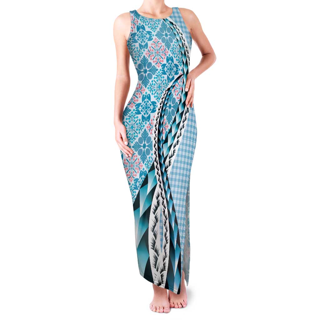 Aloha Vintage Palaka Floral Hawaiian Quilt Family Matching Tank Maxi Dress and Hawaiian Shirt Uliuli Motif LT9 Mom's Dress Blue - Polynesian Pride