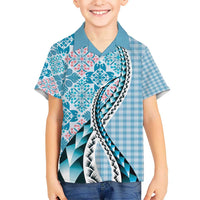 Aloha Vintage Palaka Floral Hawaiian Quilt Kid Hawaiian Shirt Uliuli Motif LT9 Kid Blue - Polynesian Pride