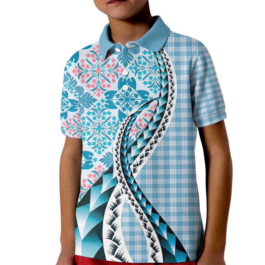 Aloha Vintage Palaka Floral Hawaiian Quilt Kid Polo Shirt Uliuli Motif LT9 Kid Blue - Polynesian Pride
