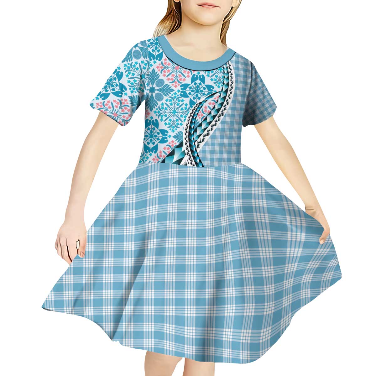 Aloha Vintage Palaka Floral Hawaiian Quilt Kid Short Sleeve Dress Uliuli Motif LT9 - Polynesian Pride