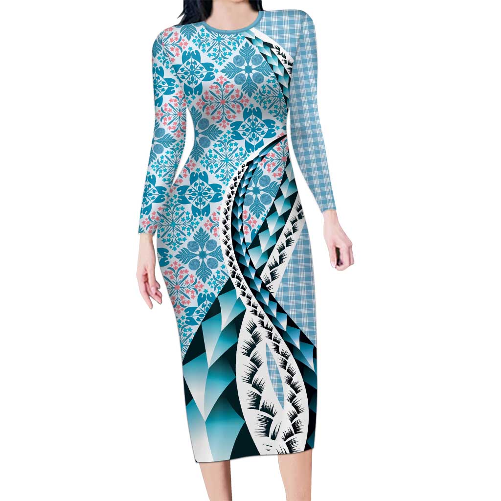 Aloha Vintage Palaka Floral Hawaiian Quilt Long Sleeve Bodycon Dress Uliuli Motif LT9 Long Dress Blue - Polynesian Pride