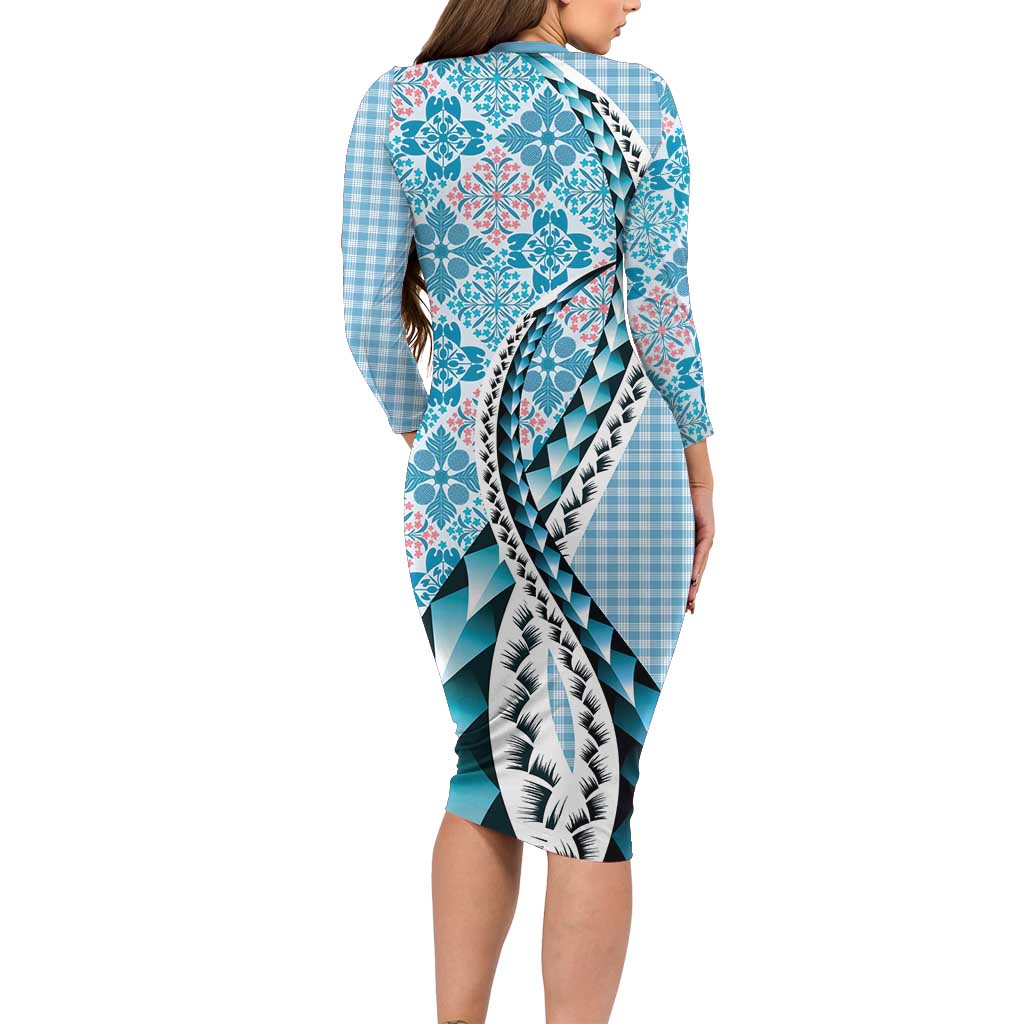 Aloha Vintage Palaka Floral Hawaiian Quilt Long Sleeve Bodycon Dress Uliuli Motif LT9 - Polynesian Pride