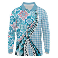Aloha Vintage Palaka Floral Hawaiian Quilt Long Sleeve Polo Shirt Uliuli Motif LT9 Blue - Polynesian Pride