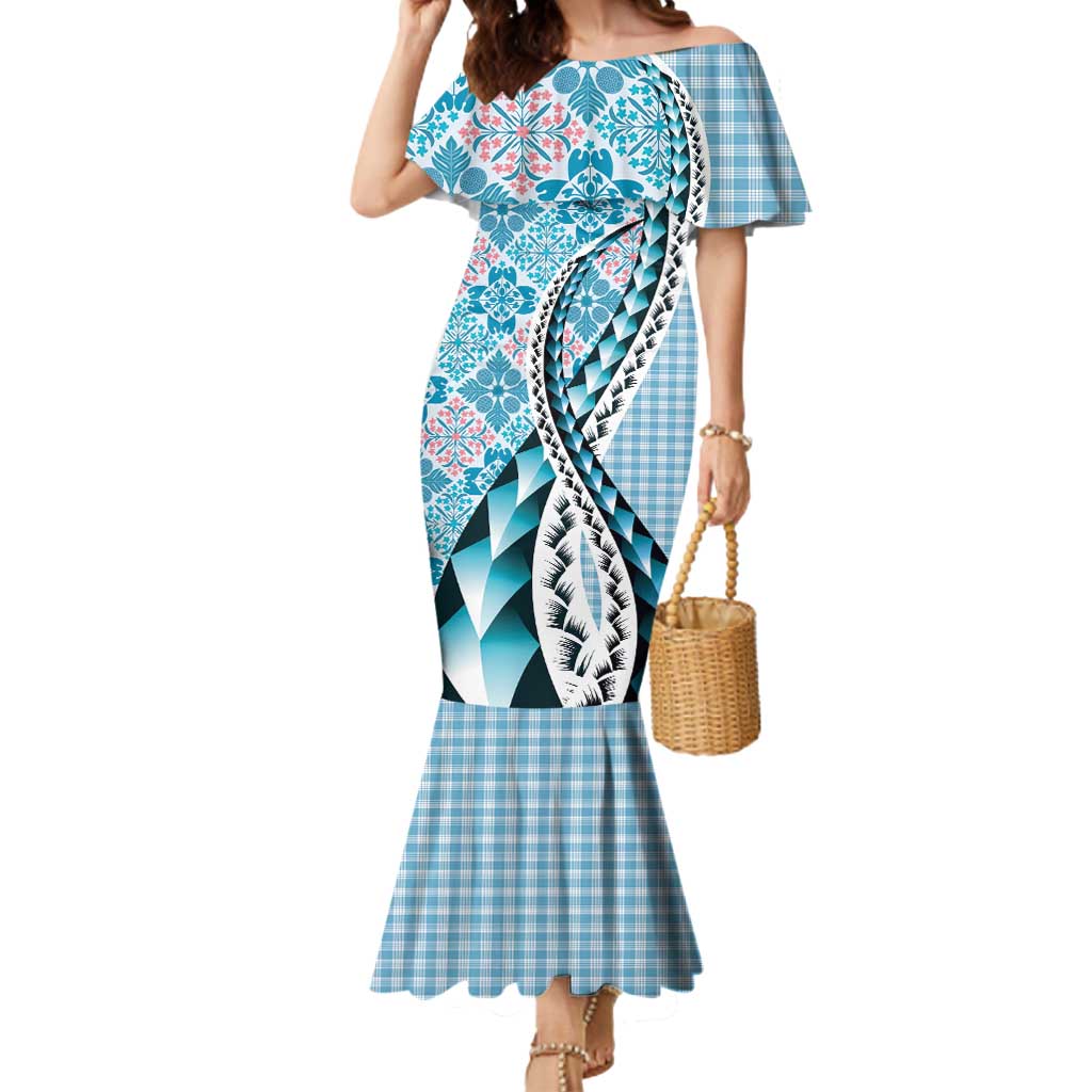 Aloha Vintage Palaka Floral Hawaiian Quilt Mermaid Dress Uliuli Motif LT9 Women Blue - Polynesian Pride