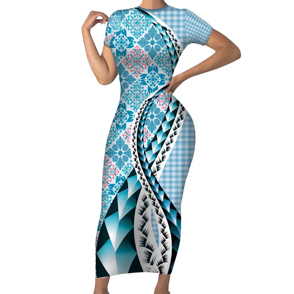 Aloha Vintage Palaka Floral Hawaiian Quilt Short Sleeve Bodycon Dress Uliuli Motif LT9 Long Dress Blue - Polynesian Pride