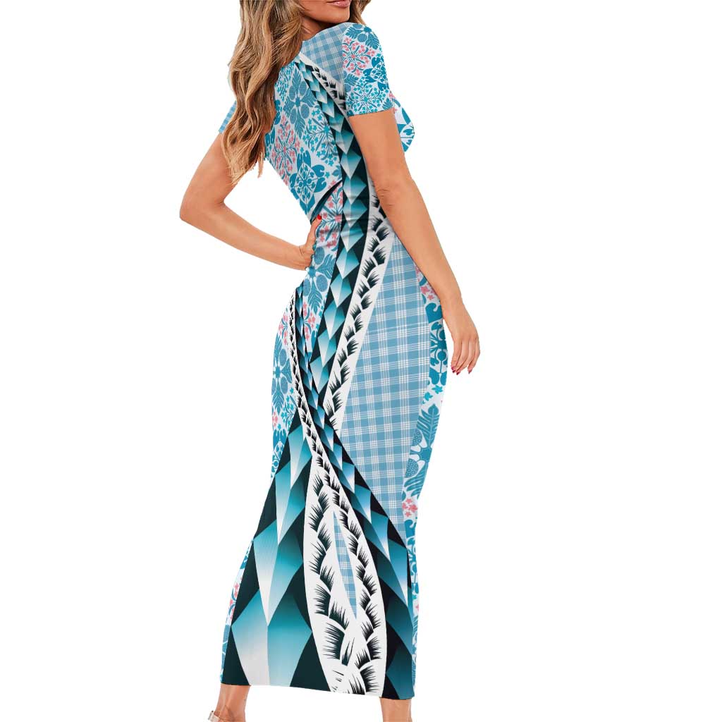 Aloha Vintage Palaka Floral Hawaiian Quilt Short Sleeve Bodycon Dress Uliuli Motif LT9 - Polynesian Pride