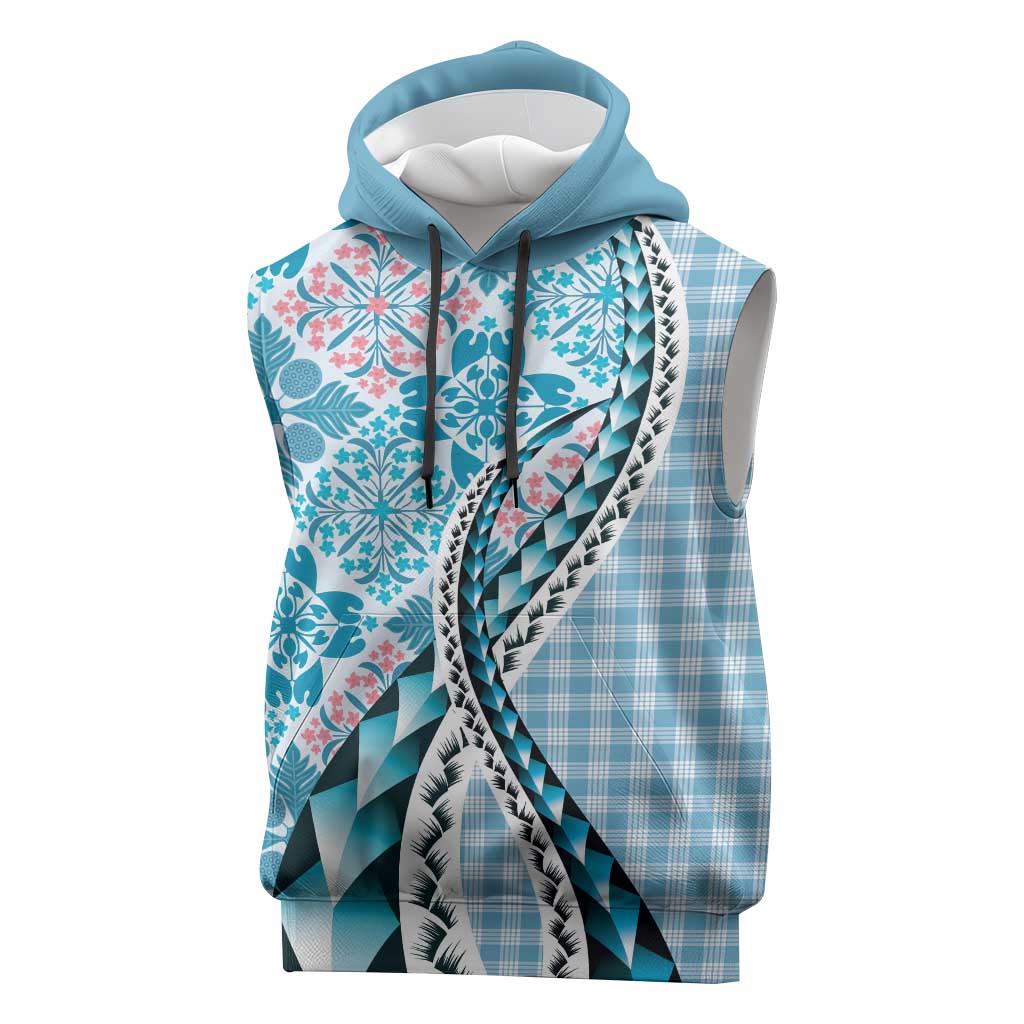 Aloha Vintage Palaka Floral Hawaiian Quilt Sleeveless Hoodie Uliuli Motif LT9 Blue - Polynesian Pride