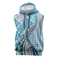 Aloha Vintage Palaka Floral Hawaiian Quilt Sleeveless Hoodie Uliuli Motif LT9 Blue - Polynesian Pride