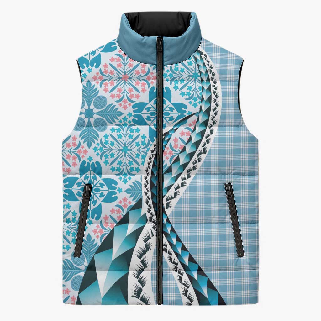 Aloha Vintage Palaka Floral Hawaiian Quilt Sleeveless Puffer Jacket Uliuli Motif LT9 Unisex Blue - Polynesian Pride