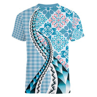 Aloha Vintage Palaka Floral Hawaiian Quilt Women V-Neck T-Shirt Uliuli Motif LT9 - Polynesian Pride