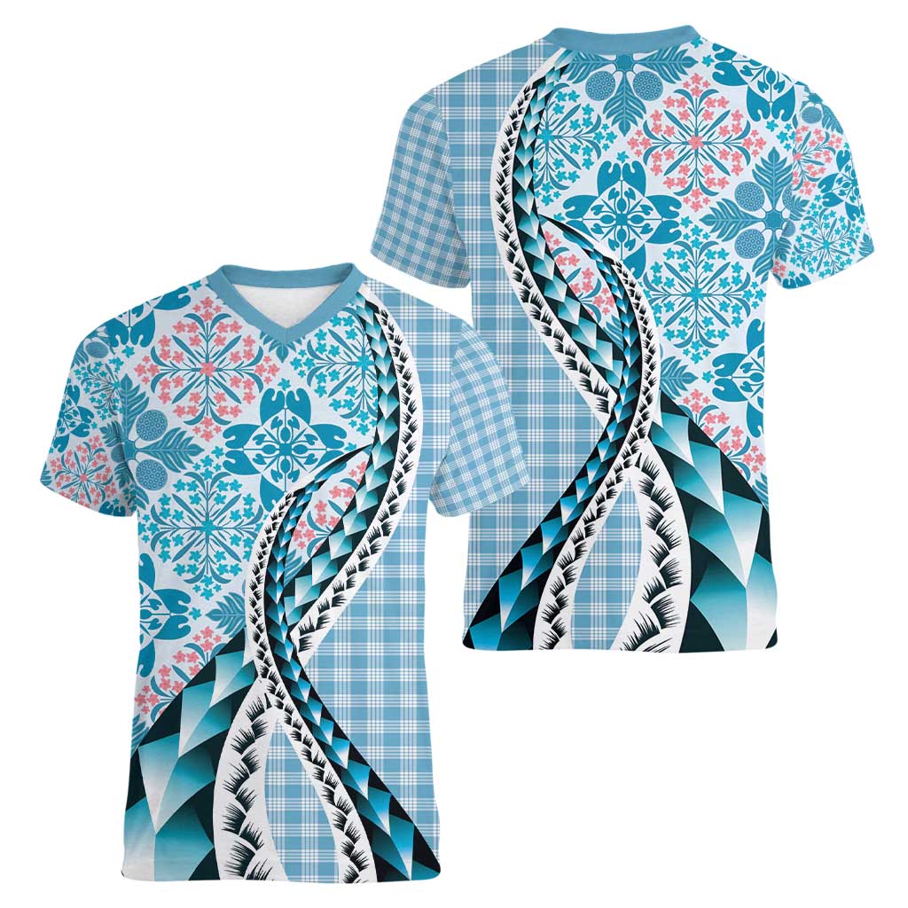 Aloha Vintage Palaka Floral Hawaiian Quilt Women V-Neck T-Shirt Uliuli Motif LT9 - Polynesian Pride