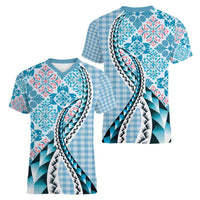 Aloha Vintage Palaka Floral Hawaiian Quilt Women V-Neck T-Shirt Uliuli Motif LT9 - Polynesian Pride