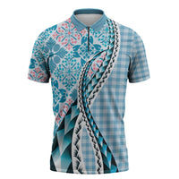 Aloha Vintage Palaka Floral Hawaiian Quilt Zipper Polo Shirt Uliuli Motif LT9 Blue - Polynesian Pride