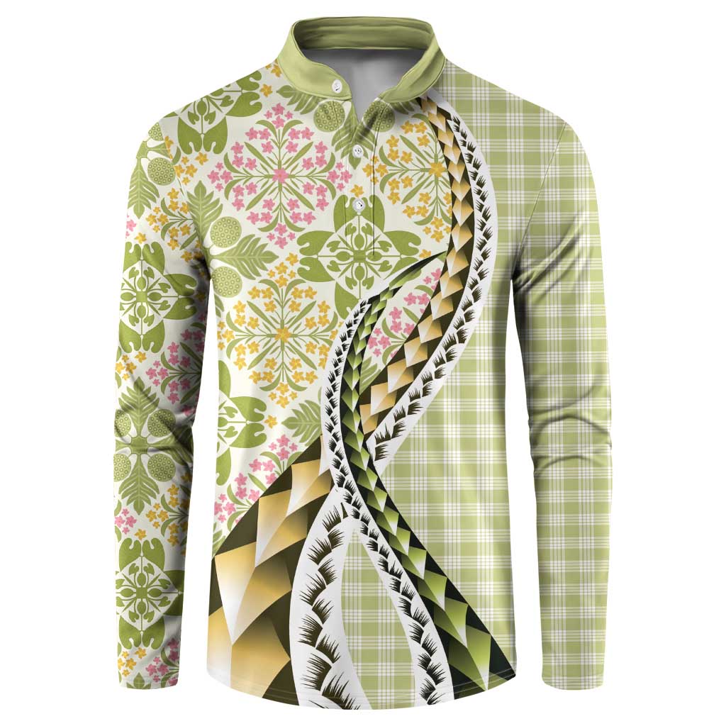 Aloha Vintage Palaka Floral Hawaiian Quilt Button Sweatshirt Omaomao Motif LT9 Lime - Polynesian Pride