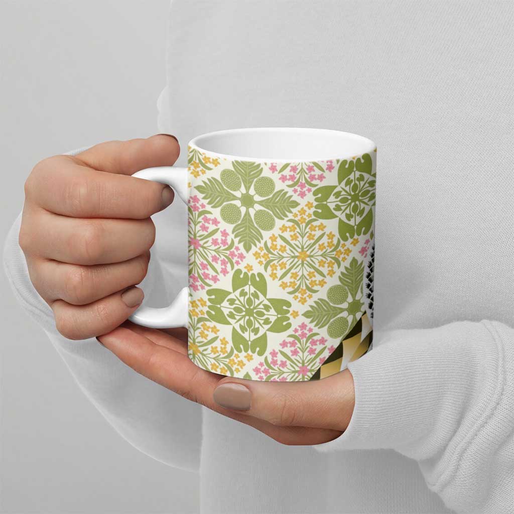 Aloha Vintage Palaka Floral Hawaiian Quilt Ceramic Mug Omaomao Motif - Polynesian Pride