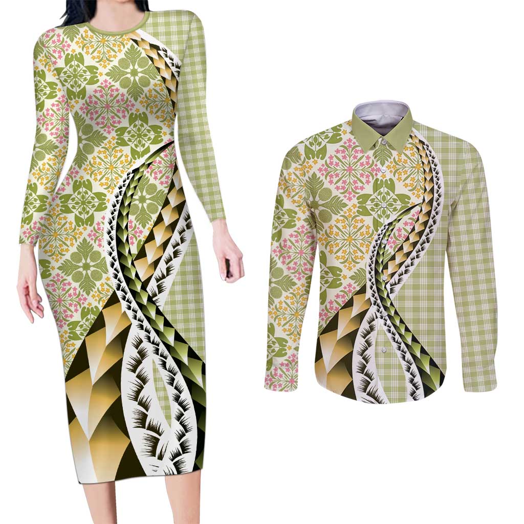 Aloha Vintage Palaka Floral Hawaiian Quilt Couples Matching Long Sleeve Bodycon Dress and Long Sleeve Button Shirt Omaomao Motif LT9 Lime - Polynesian Pride