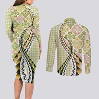 Aloha Vintage Palaka Floral Hawaiian Quilt Couples Matching Long Sleeve Bodycon Dress and Long Sleeve Button Shirt Omaomao Motif LT9 - Polynesian Pride