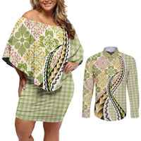 Aloha Vintage Palaka Floral Hawaiian Quilt Couples Matching Off Shoulder Short Dress and Long Sleeve Button Shirt Omaomao Motif LT9 Lime - Polynesian Pride
