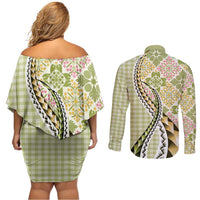 Aloha Vintage Palaka Floral Hawaiian Quilt Couples Matching Off Shoulder Short Dress and Long Sleeve Button Shirt Omaomao Motif LT9 - Polynesian Pride