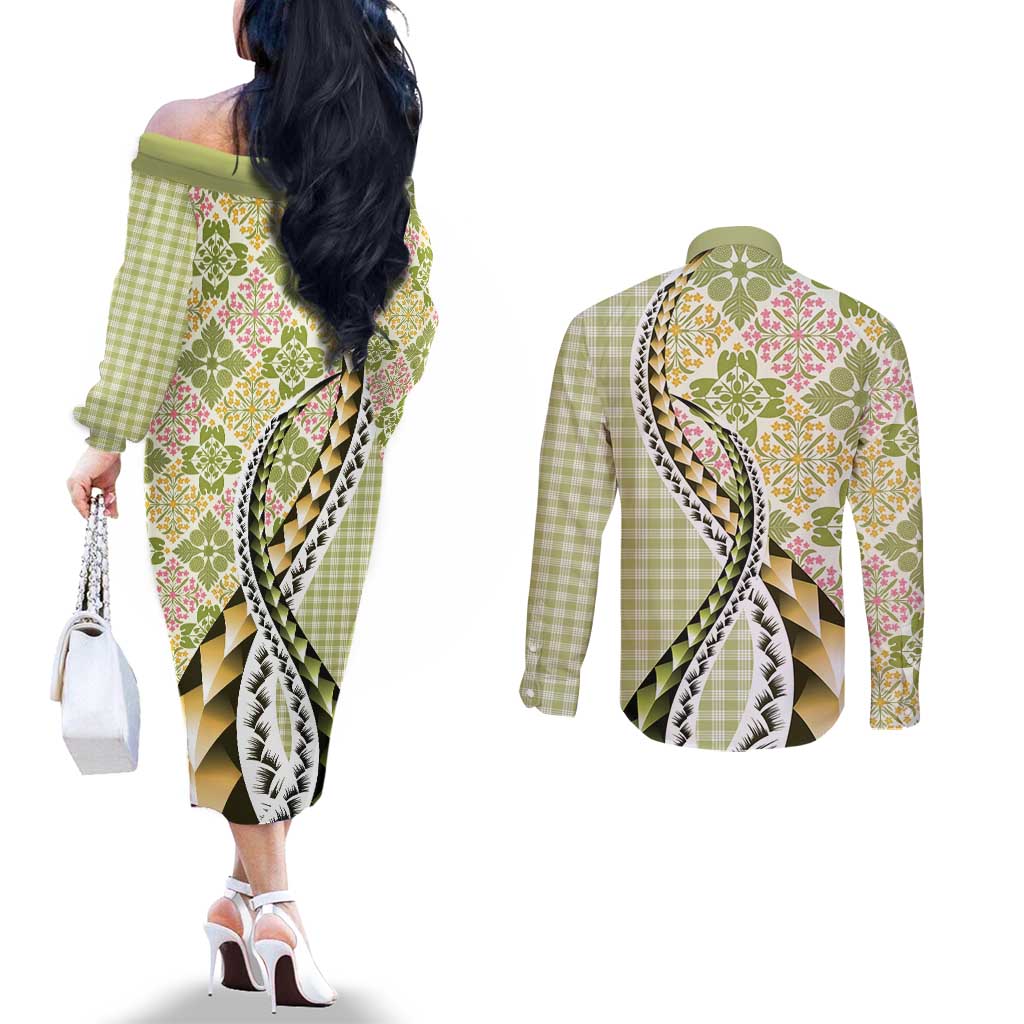 Aloha Vintage Palaka Floral Hawaiian Quilt Couples Matching Off The Shoulder Long Sleeve Dress and Long Sleeve Button Shirt Omaomao Motif LT9 - Polynesian Pride