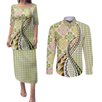 Aloha Vintage Palaka Floral Hawaiian Quilt Couples Matching Puletasi and Long Sleeve Button Shirt Omaomao Motif LT9 Lime - Polynesian Pride