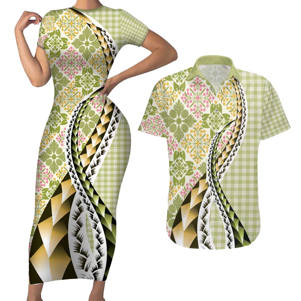 Aloha Vintage Palaka Floral Hawaiian Quilt Couples Matching Short Sleeve Bodycon Dress and Hawaiian Shirt Omaomao Motif LT9 Lime - Polynesian Pride