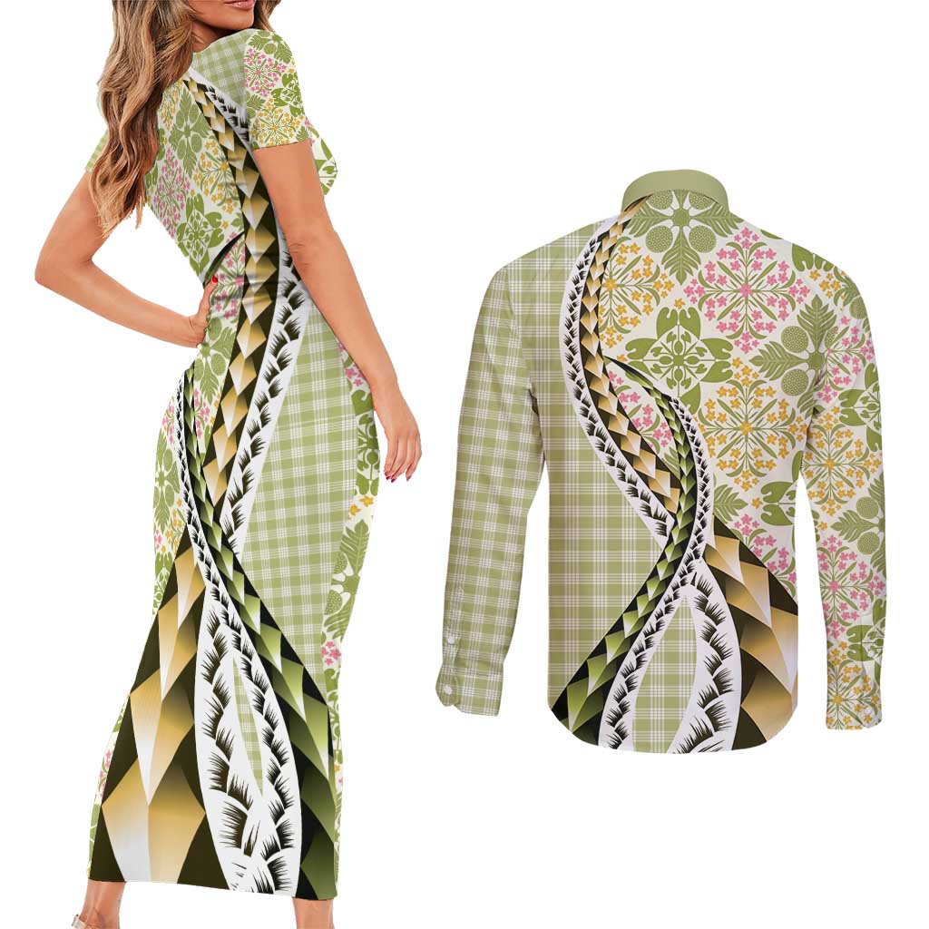 Aloha Vintage Palaka Floral Hawaiian Quilt Couples Matching Short Sleeve Bodycon Dress and Long Sleeve Button Shirt Omaomao Motif LT9 - Polynesian Pride