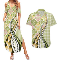 Aloha Vintage Palaka Floral Hawaiian Quilt Couples Matching Summer Maxi Dress and Hawaiian Shirt Omaomao Motif LT9 Lime - Polynesian Pride