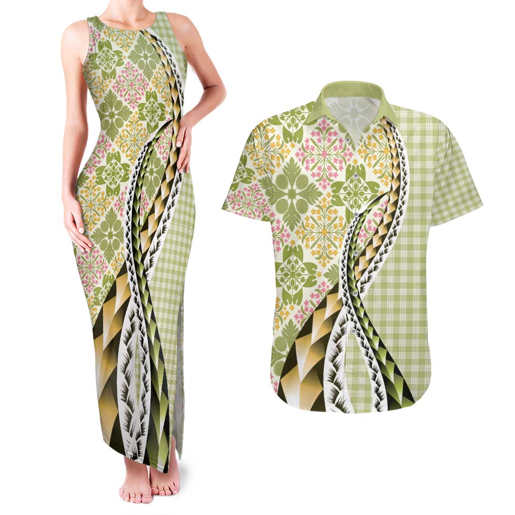 Aloha Vintage Palaka Floral Hawaiian Quilt Couples Matching Tank Maxi Dress and Hawaiian Shirt Omaomao Motif LT9 Lime - Polynesian Pride