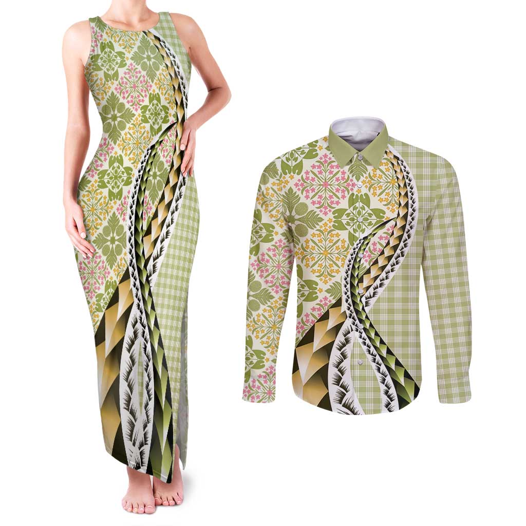 Aloha Vintage Palaka Floral Hawaiian Quilt Couples Matching Tank Maxi Dress and Long Sleeve Button Shirt Omaomao Motif - Polynesian Pride