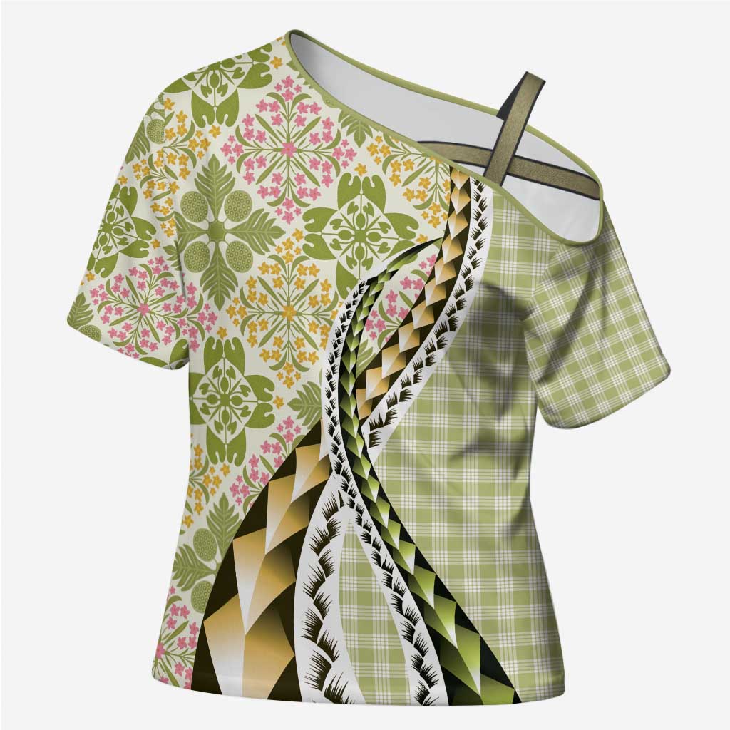 Aloha Vintage Palaka Floral Hawaiian Quilt Cross Shoulder Shirt Omaomao Motif LT9 Female Lime - Polynesian Pride