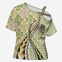 Aloha Vintage Palaka Floral Hawaiian Quilt Cross Shoulder Shirt Omaomao Motif LT9 Female Lime - Polynesian Pride