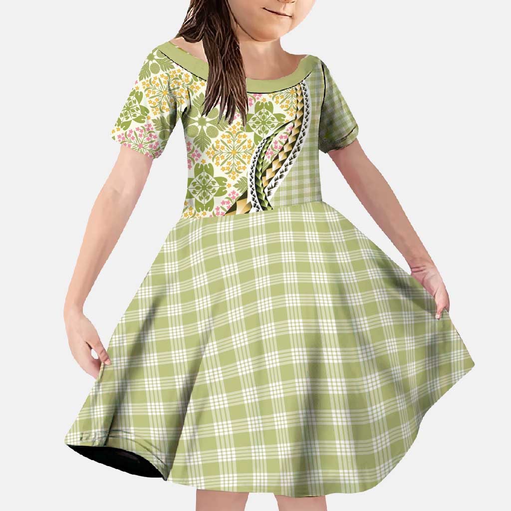 Aloha Vintage Palaka Floral Hawaiian Quilt Family Matching Long Sleeve Bodycon Dress and Hawaiian Shirt Omaomao Motif LT9 Daughter's Dress Lime - Polynesian Pride