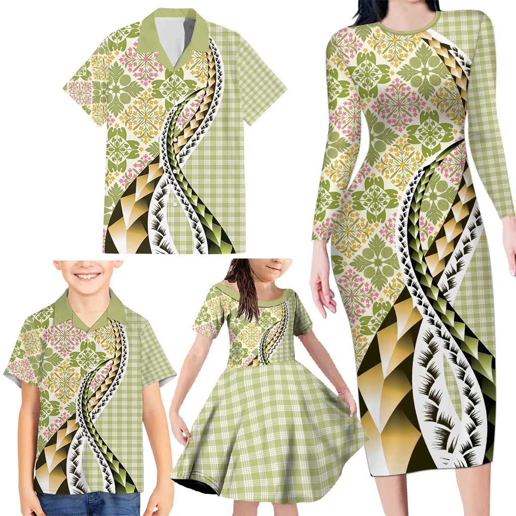 Aloha Vintage Palaka Floral Hawaiian Quilt Family Matching Long Sleeve Bodycon Dress and Hawaiian Shirt Omaomao Motif LT9 - Polynesian Pride